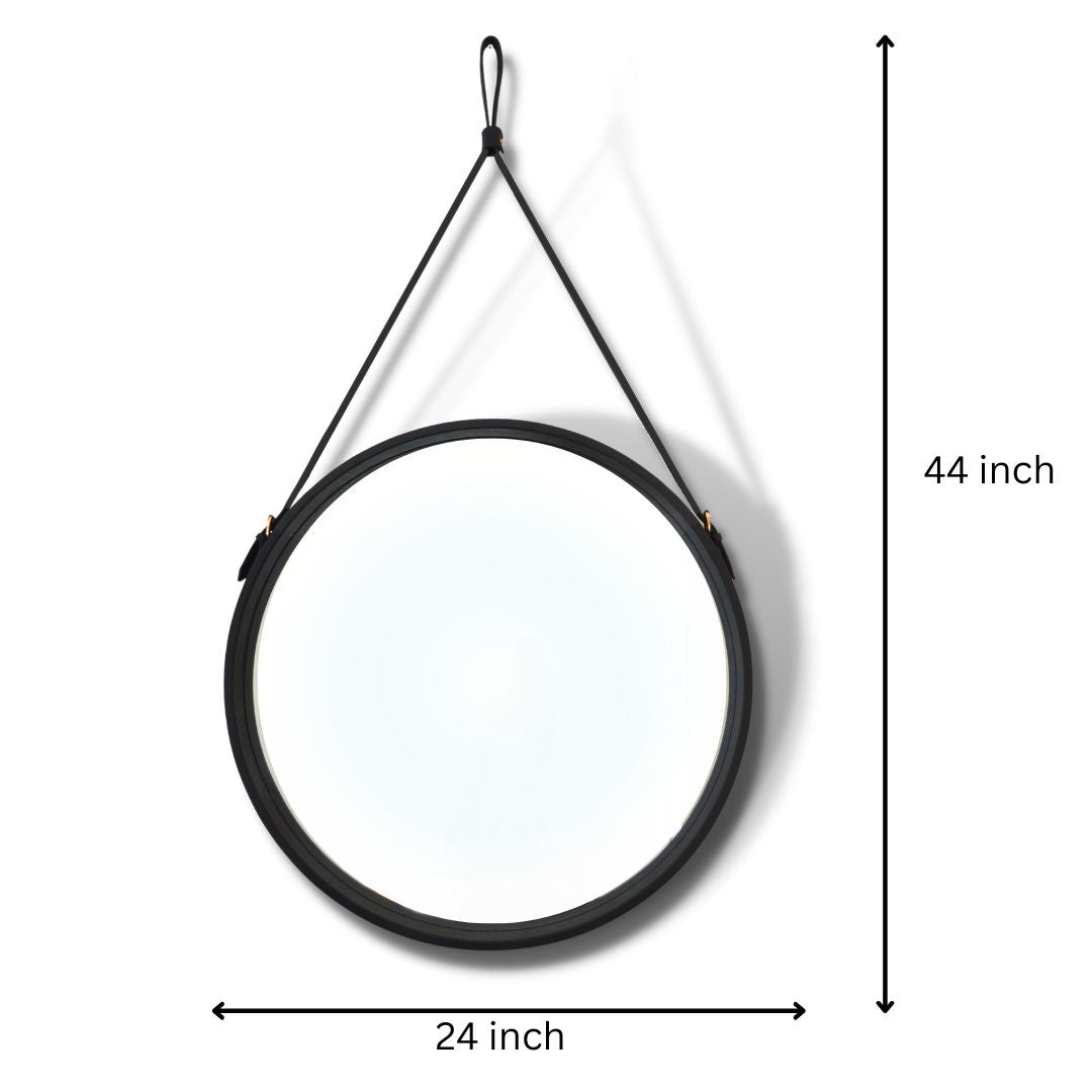 "Minimalist round mirror with a smooth leather edge, ideal for any room decor."