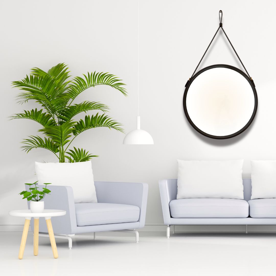 Black Round Glass Mirror with Leather Strap . mirror black bathroom mirror beveled mirror