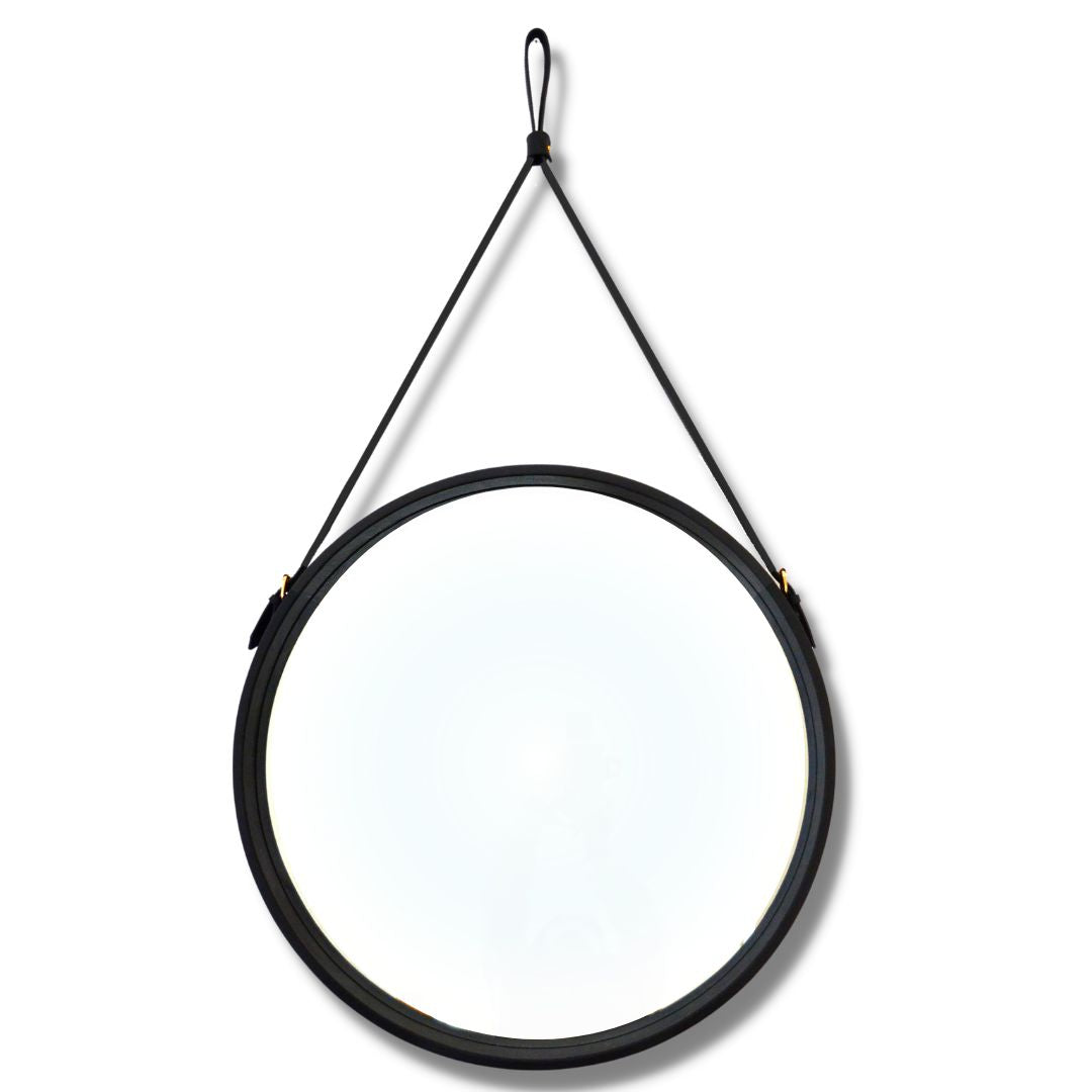 Black Round glass mirror with leather strap for industrial decor