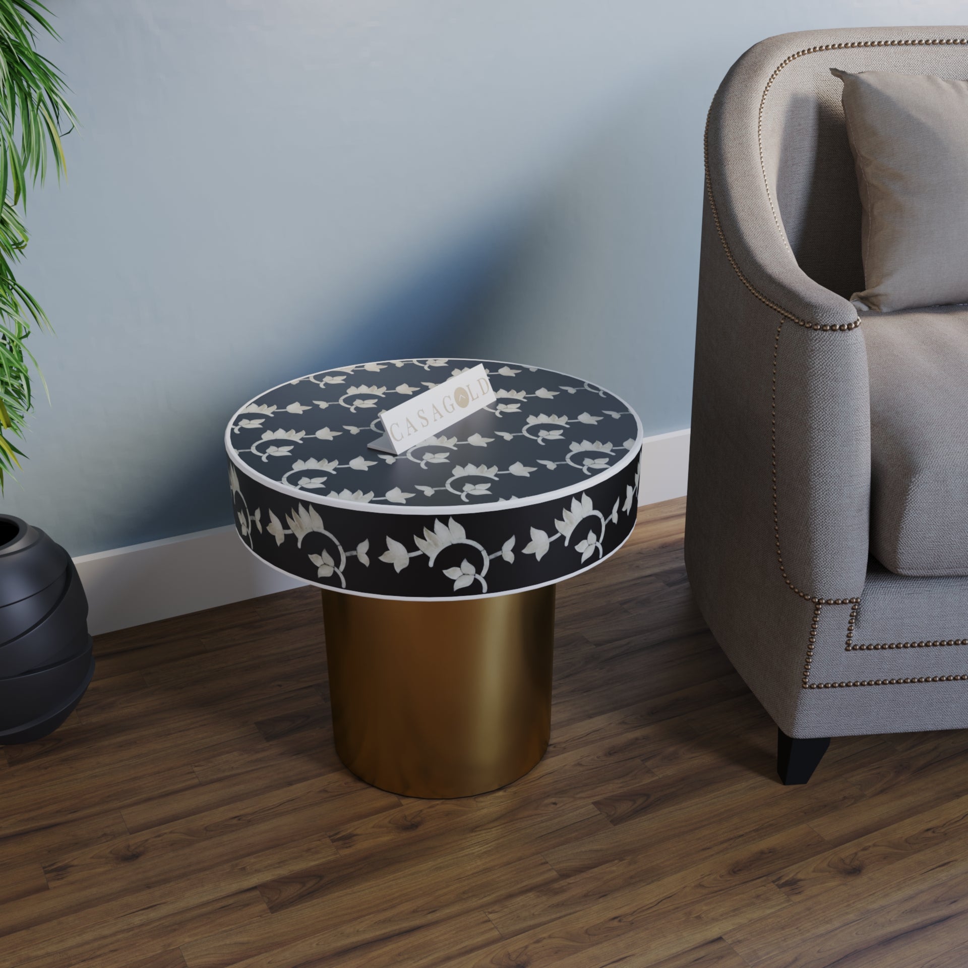 Black and White Round Inlay Bedside Table with Contrast Look
