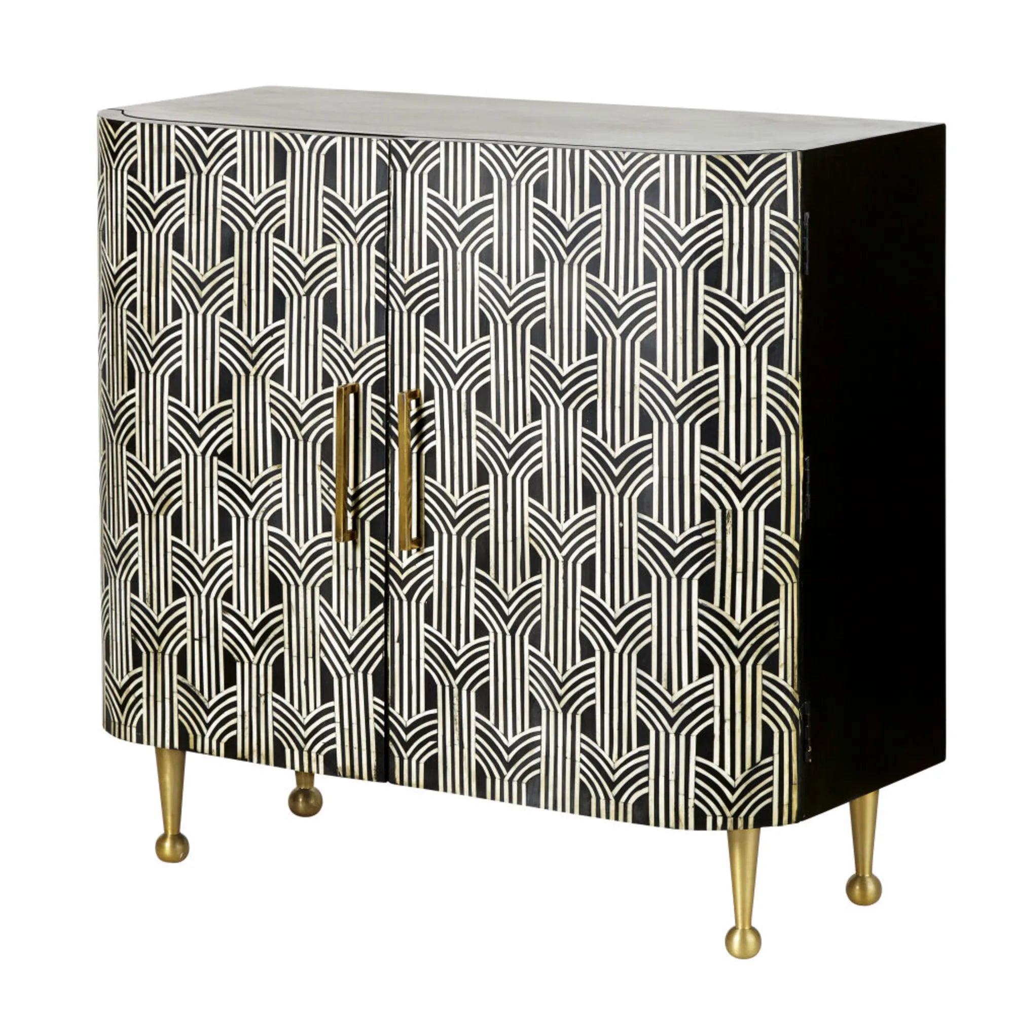 Black and white diamond-pattern bone inlay bar cabinet for modern homes.