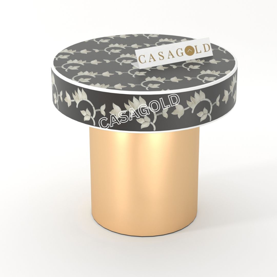 "Black and white round inlay bedside table offering a bold and contrasting look"