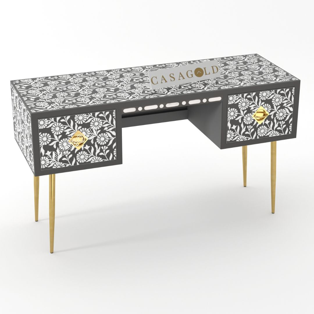 Black bone inlay desk with multiple drawers for stylish organization