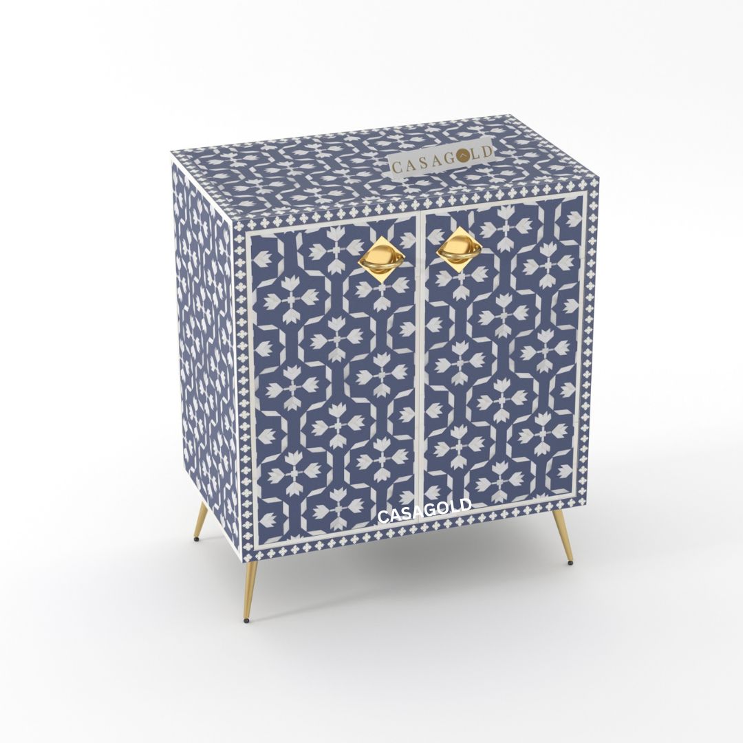 Blue Floral Bone Inlay Cabinet with Ample Storage