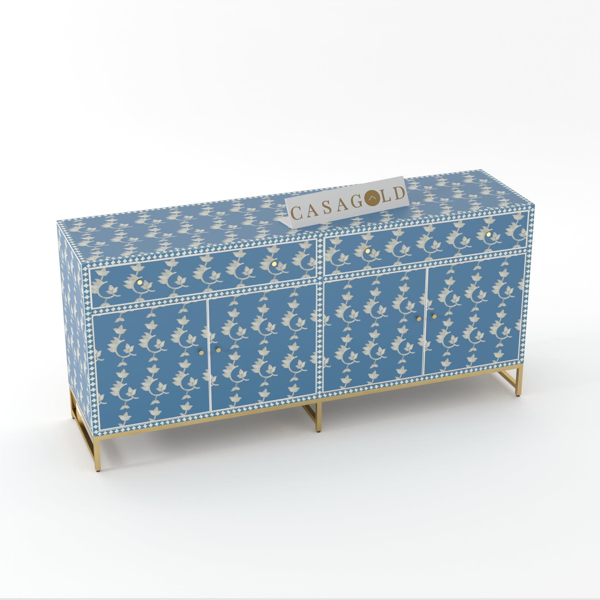 Blue and white geometric-pattern bone inlay sideboard for elegant spaces.