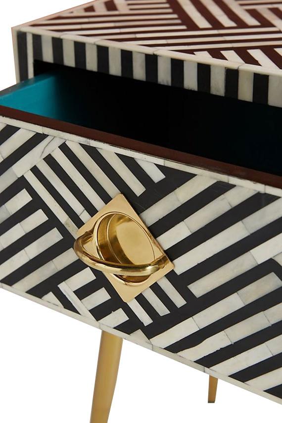 Bone Inlay Bedside Table with Gold Rectangular Base