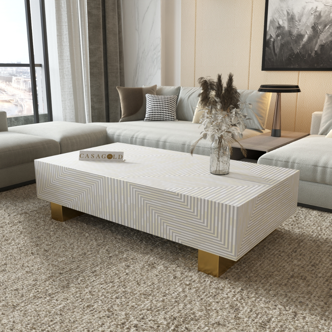 Bone Inlay Rectangular Coffee Table with Geometric Pattern
