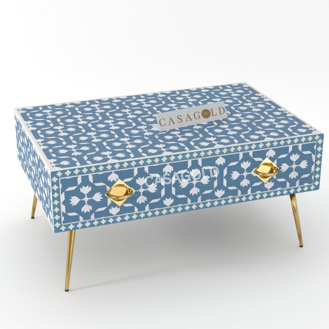 Bone Inlay Rectangular Table with Floral Design