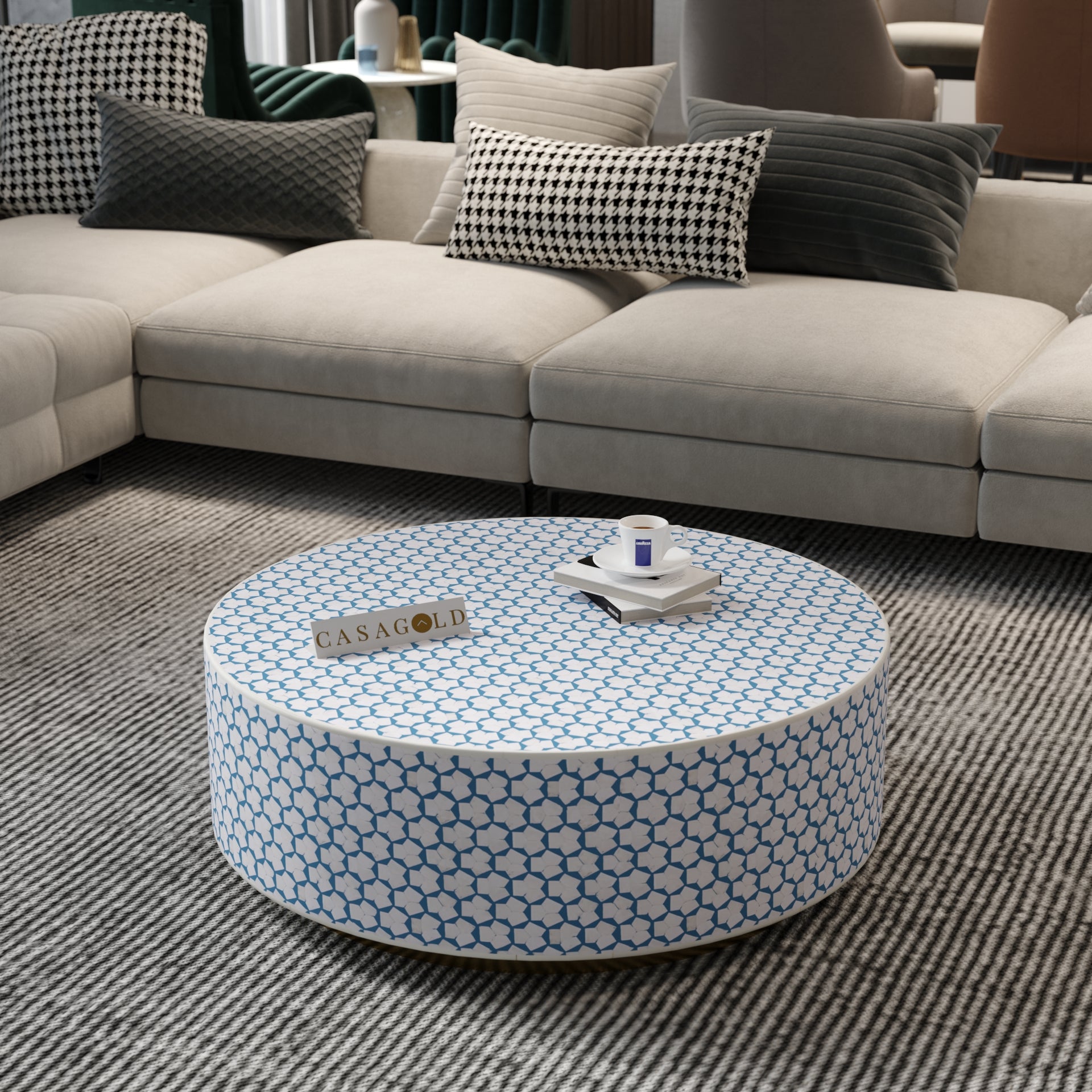 Bone Inlay Round Coffee Table for Living Rooms