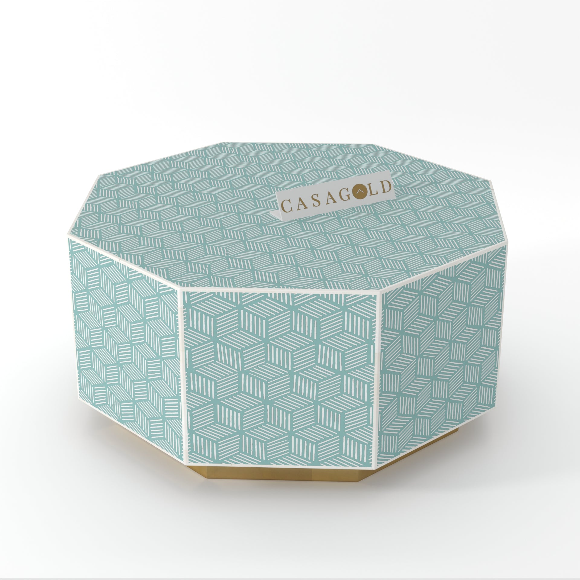 "Bone inlay coffee table hexagon shape with geometric patterns"