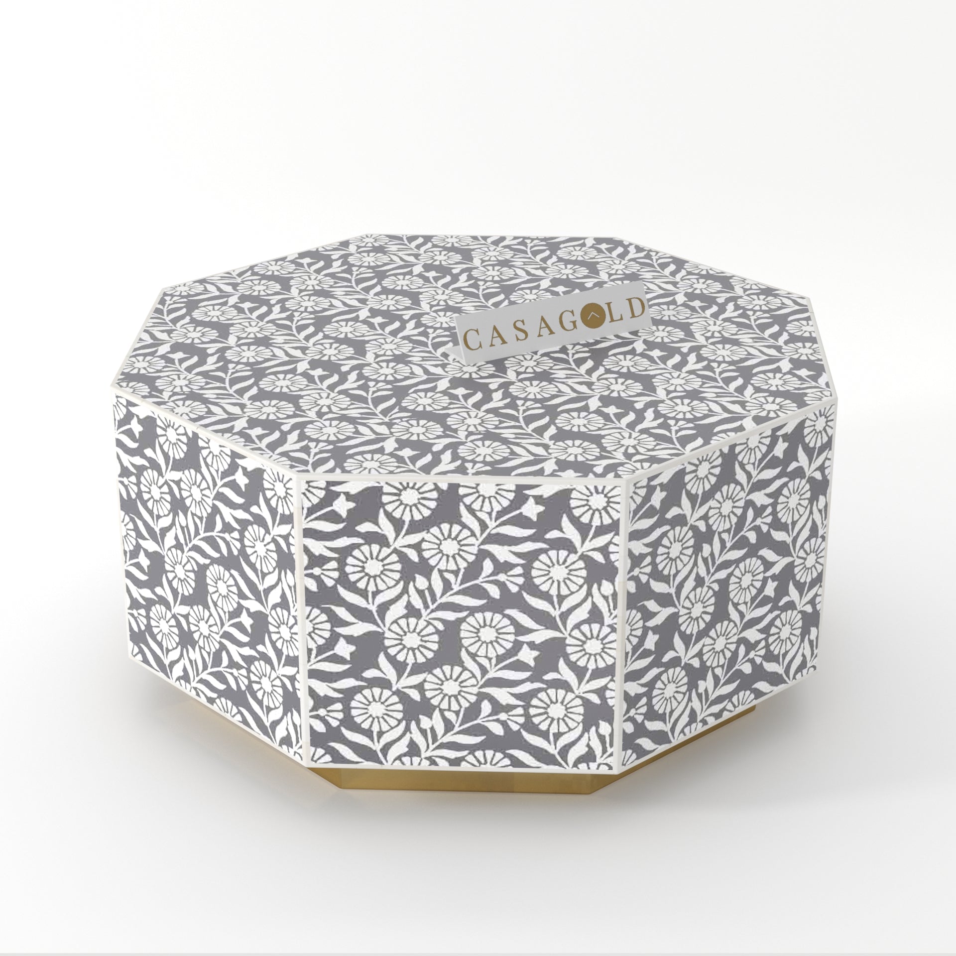 "Bone inlay hexagon coffee table with tribal-inspired patterns"