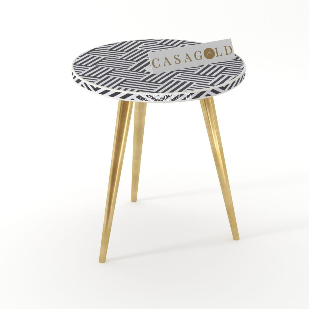 "Chevron-patterned bone inlay round side table supported by three legs"