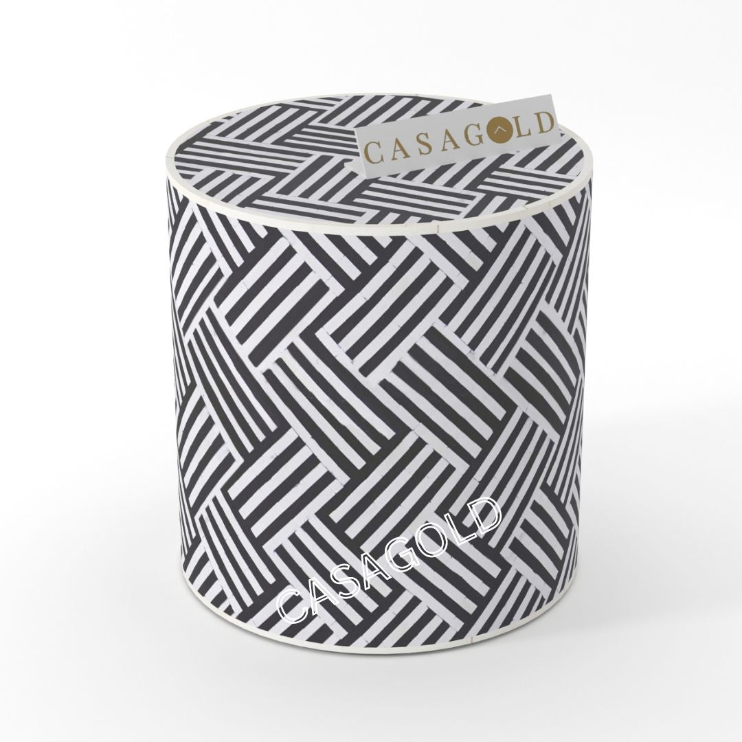"Chevron-patterned drum inlay side table for modern homes"
