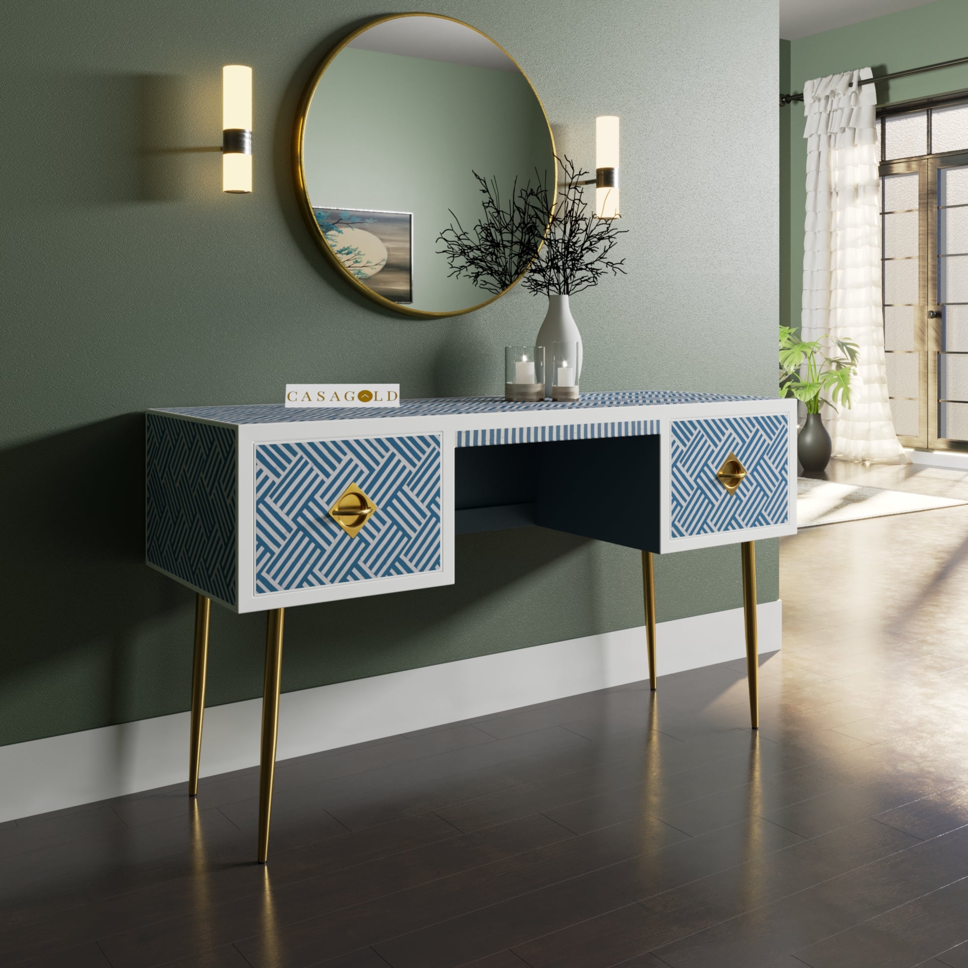 Chevron Bone Inlay Desk with Brass Legs