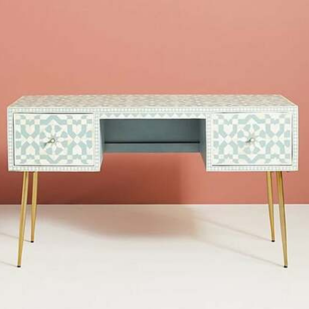 Chevron Pattern Bone Inlay Console Desk with Storage
