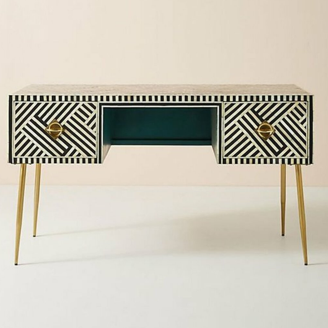 Chevron bone inlay desk with brass legs for luxury home decor