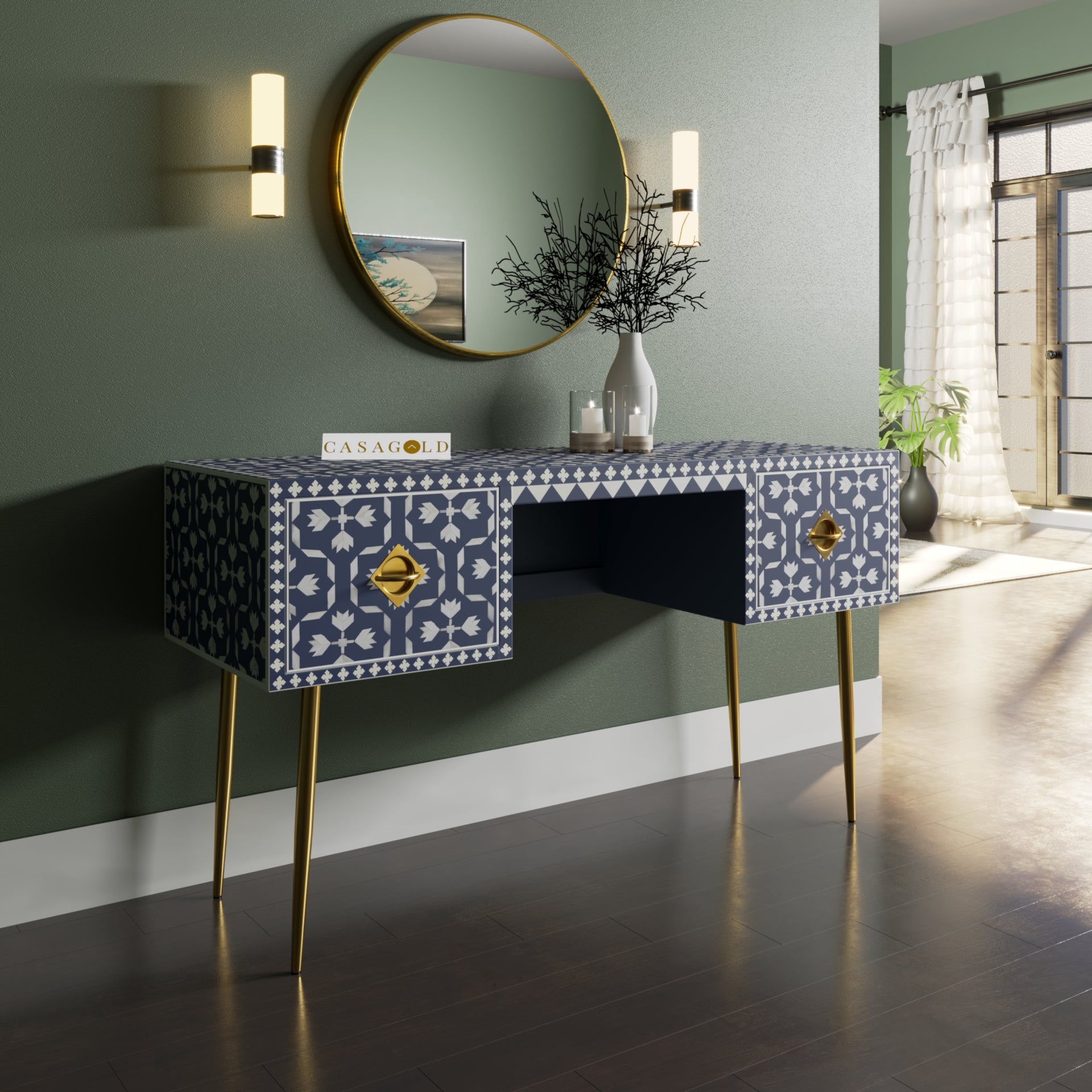 Classic Floral Bone Inlay Executive Desk