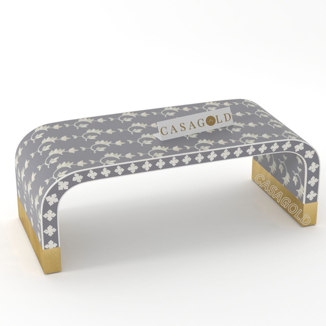 "Classic black rectangular coffee table with bone inlay designs"