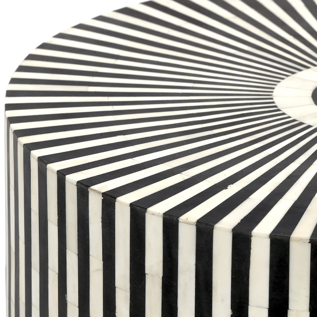 "Classic bone inlay drum-shaped side table for timeless interiors"
