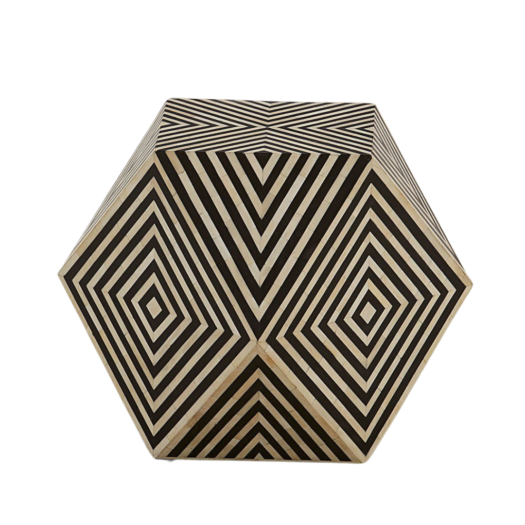"Classic hexagon coffee table with floral bone inlay patterns"
