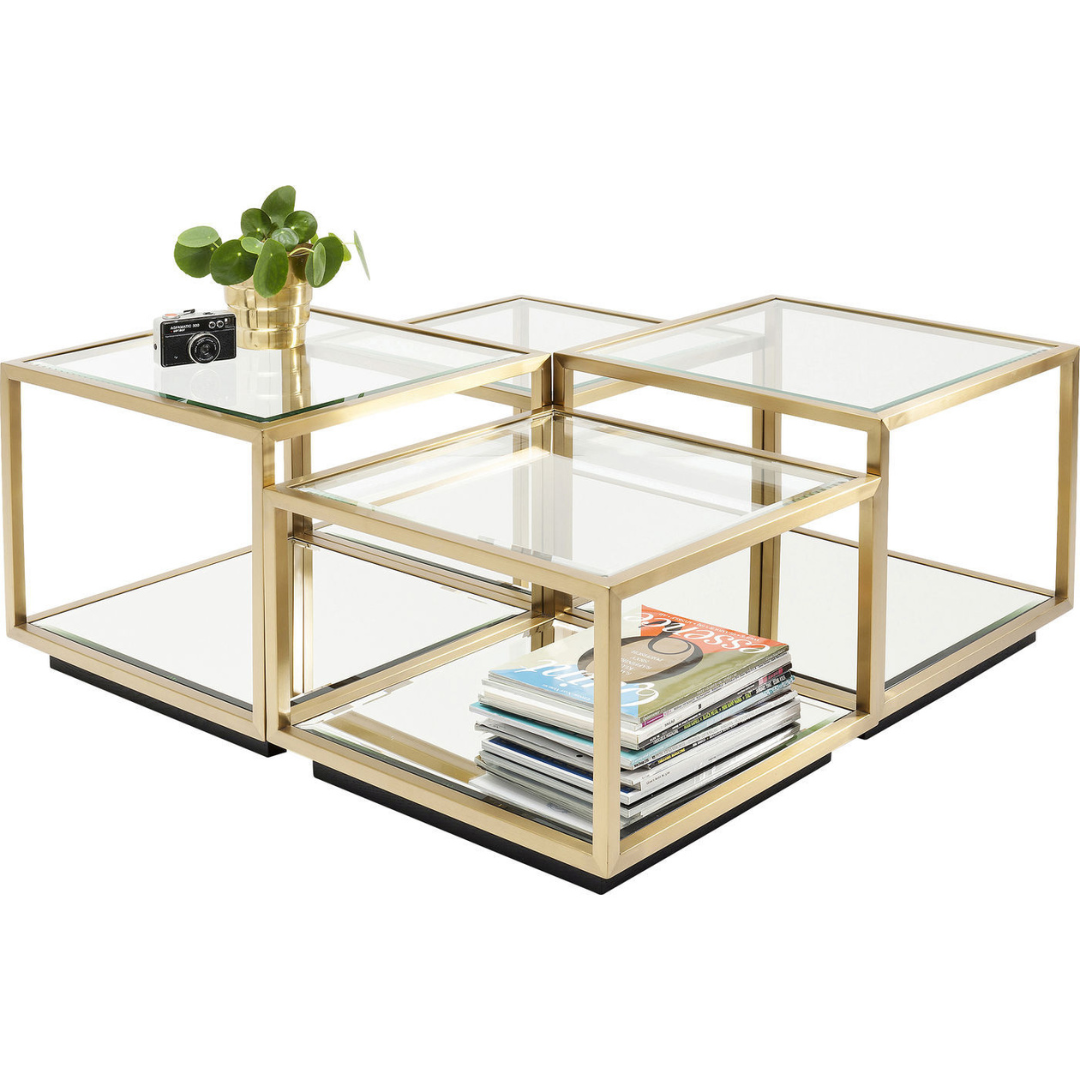 "Clear glass coffee table with a sturdy rectangular metal base"