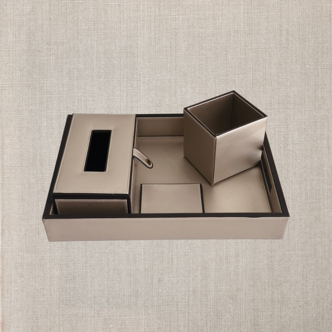 Compact leather desk caddy for small workspaces