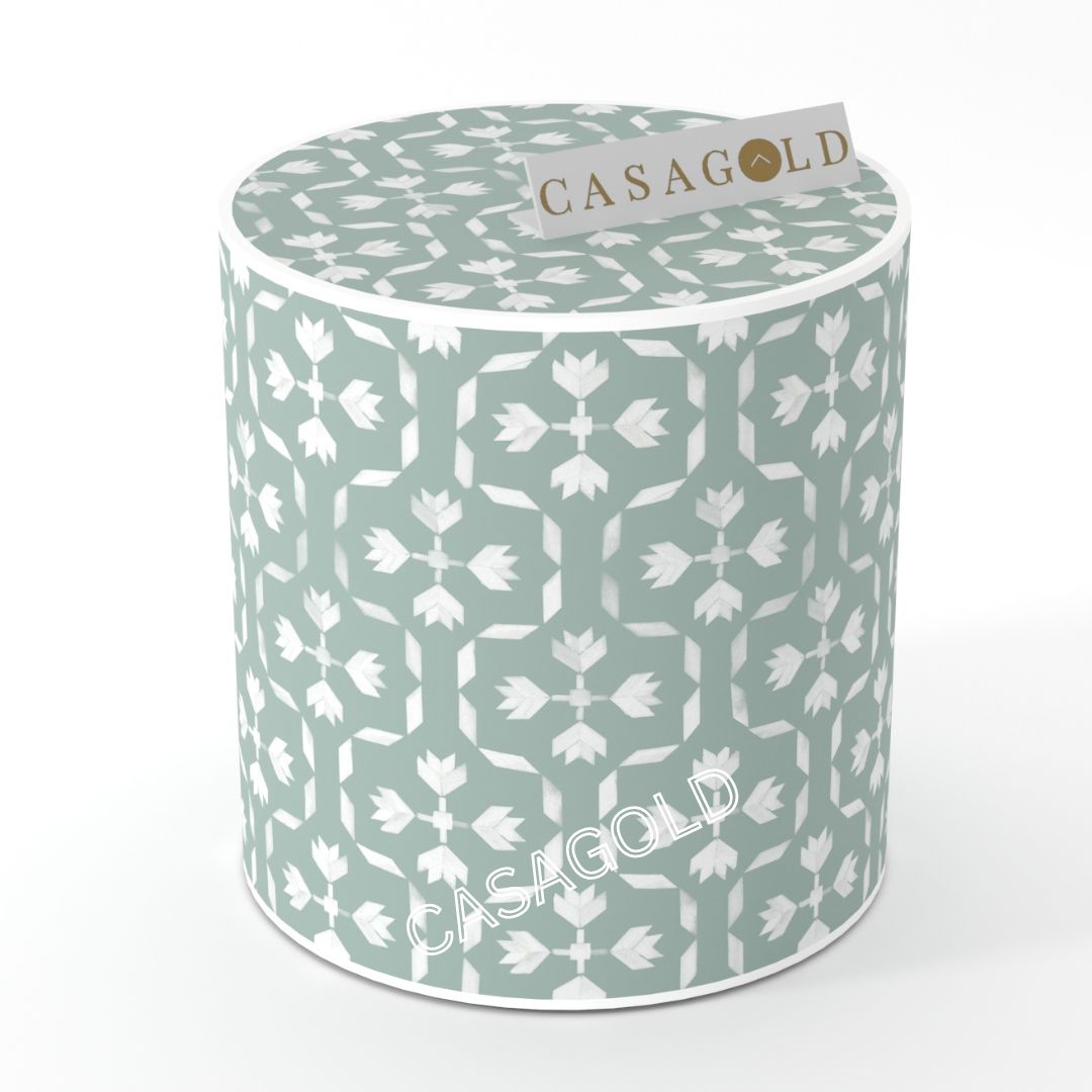 "Compact drum-shaped inlay side table perfect for apartments"