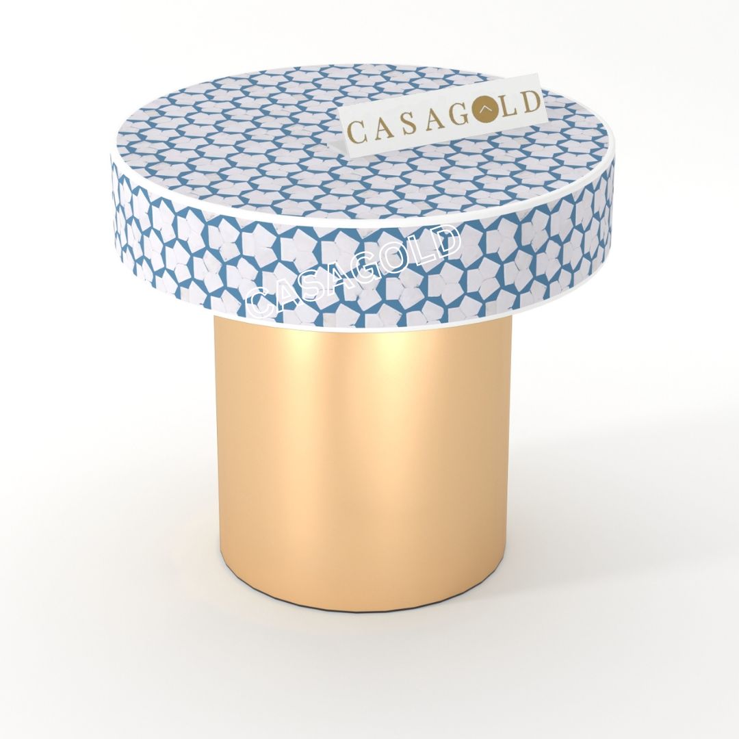 "Compact round bone inlay bedside table, ideal for small and cozy spaces"