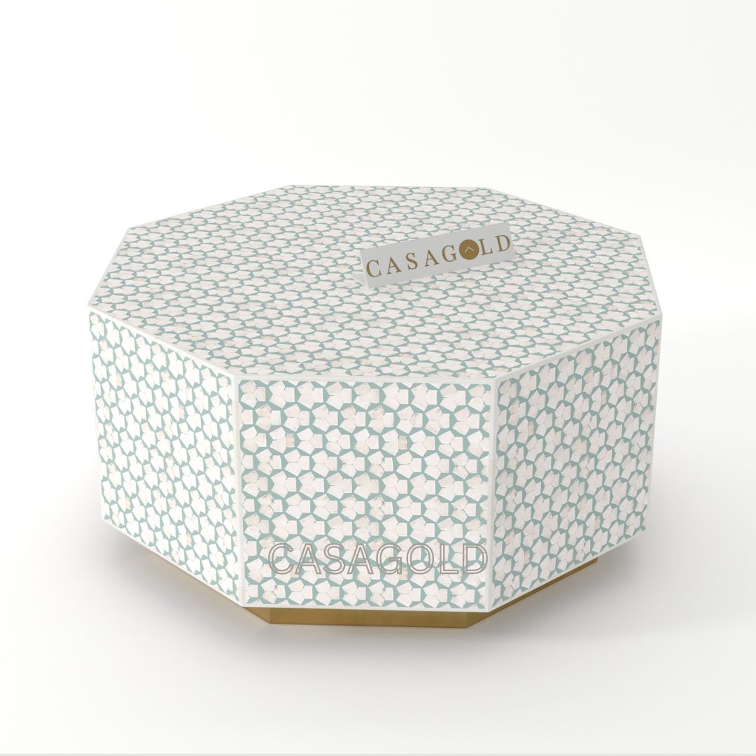 "Contemporary hexagonal coffee table with artistic bone inlay"
