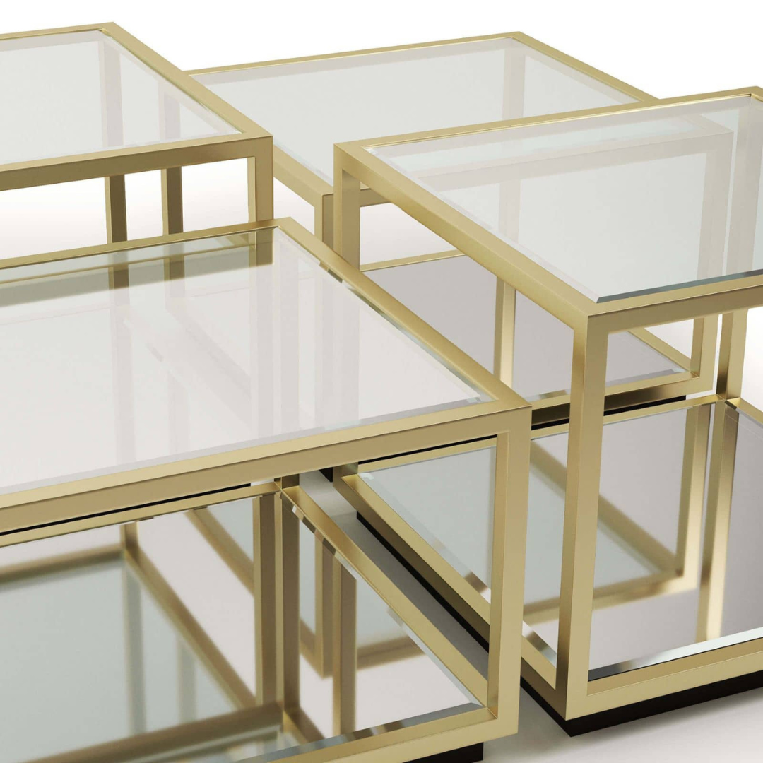 "Stylish rectangular glass coffee table with decorative chrome base"
