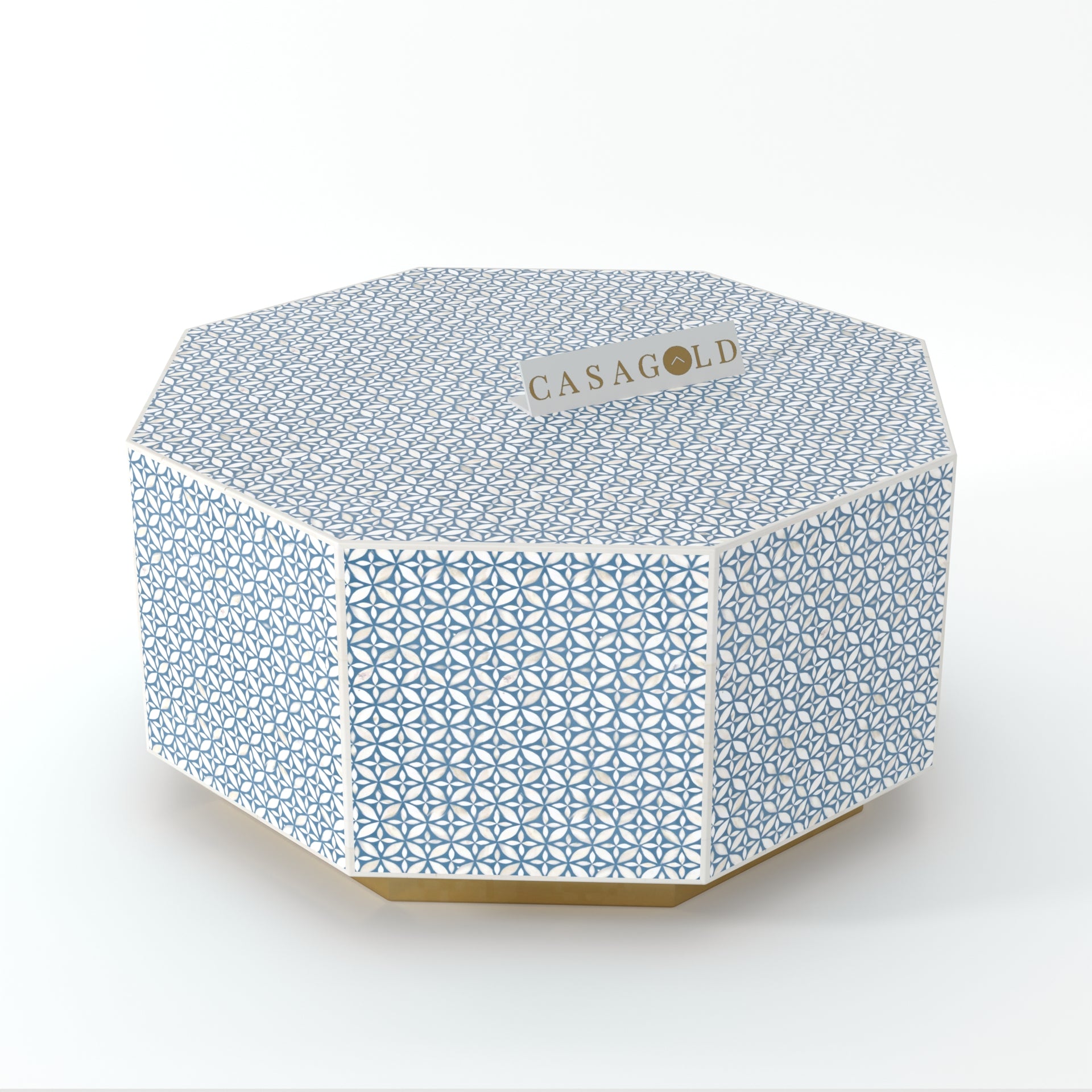 "Decorative bone inlay coffee table in a hexagonal shape"