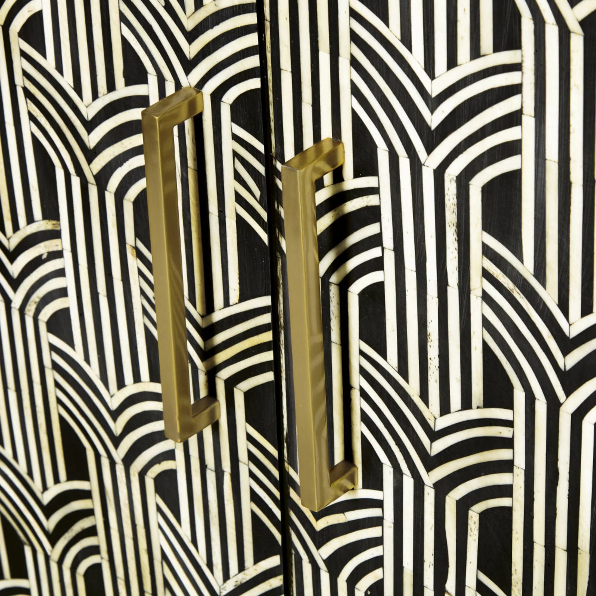 Desert bone inlay bar cabinet with neutral tones.