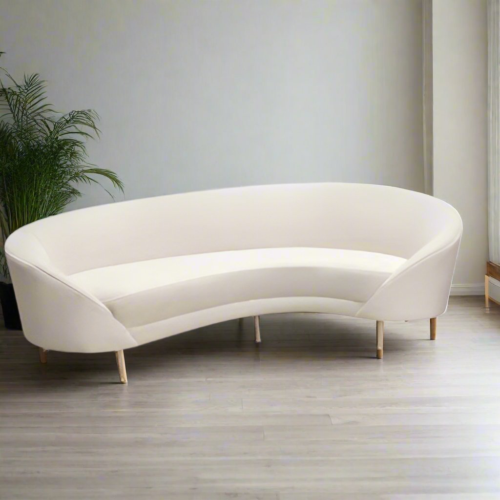 Designer curved back luxury sofa with plush fabric