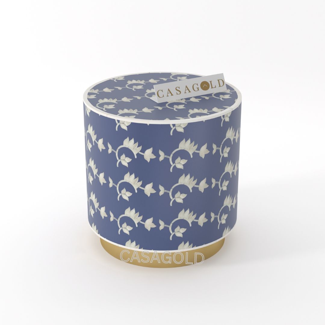 "Drum-shaped Indigo bone inlay side table for bold interiors"