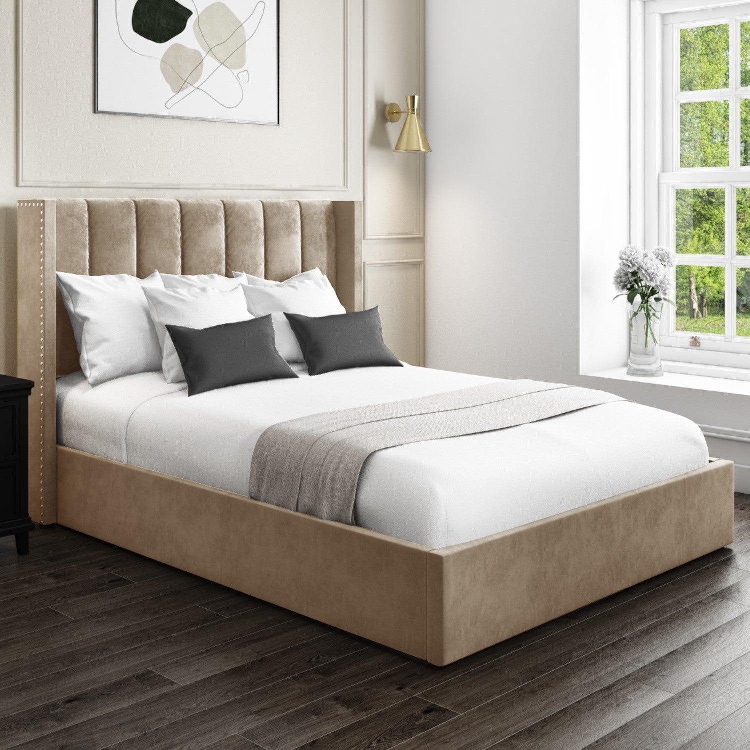 Luxurious wings bed frame with soft upholstery