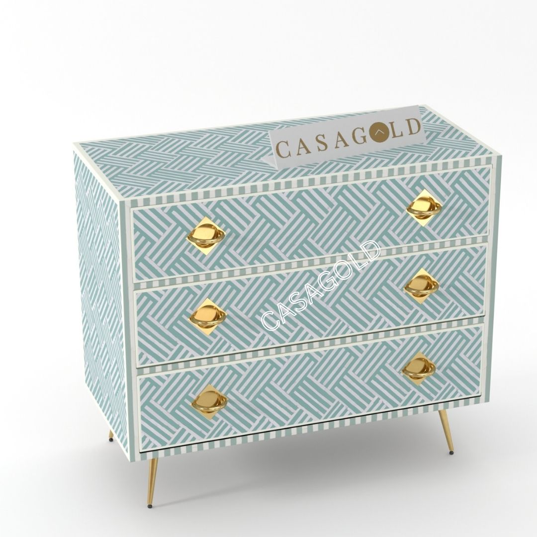 Elegant mother of pearl inlay chest with decorative knobs
