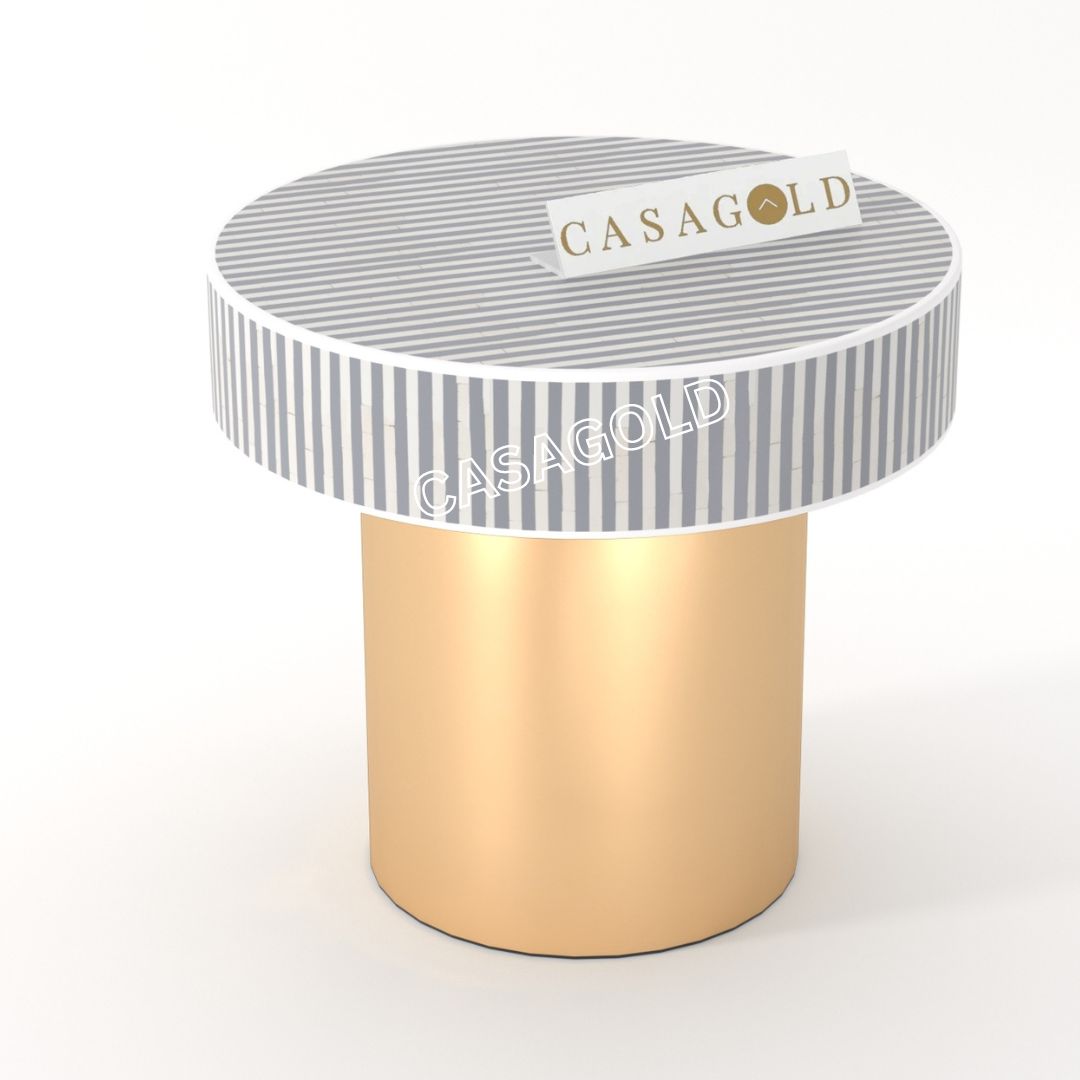 "Elegant round bone inlay bedside table with a smooth and polished finish"