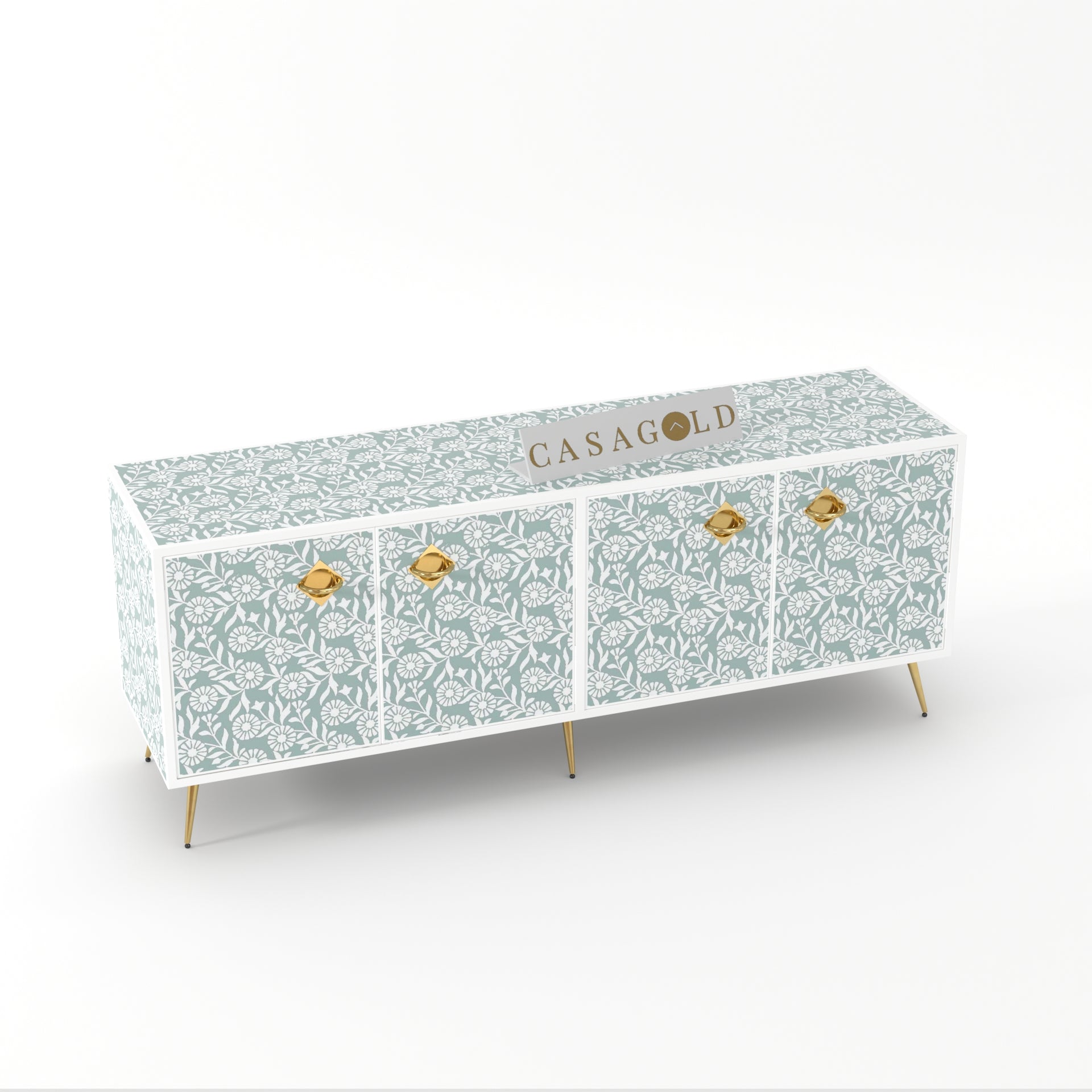Elegant white inlay TV stand with storage