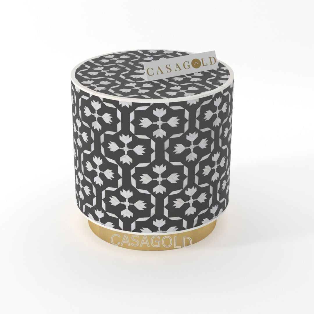 "Ethnic-style Floral drum inlay side table with handcrafted detailing"