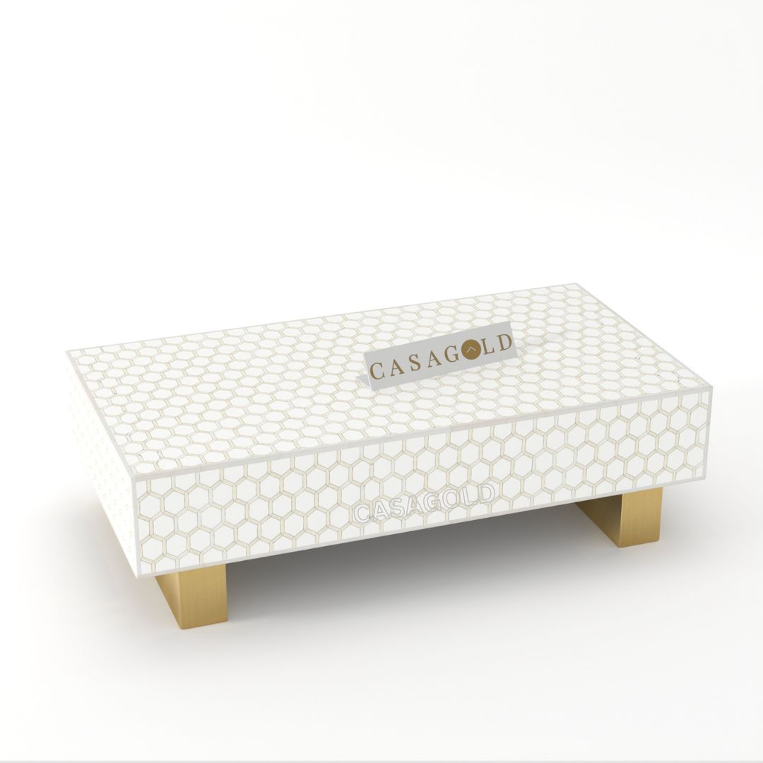 "Ethnic-style rectangular coffee table with bone inlay artwork"