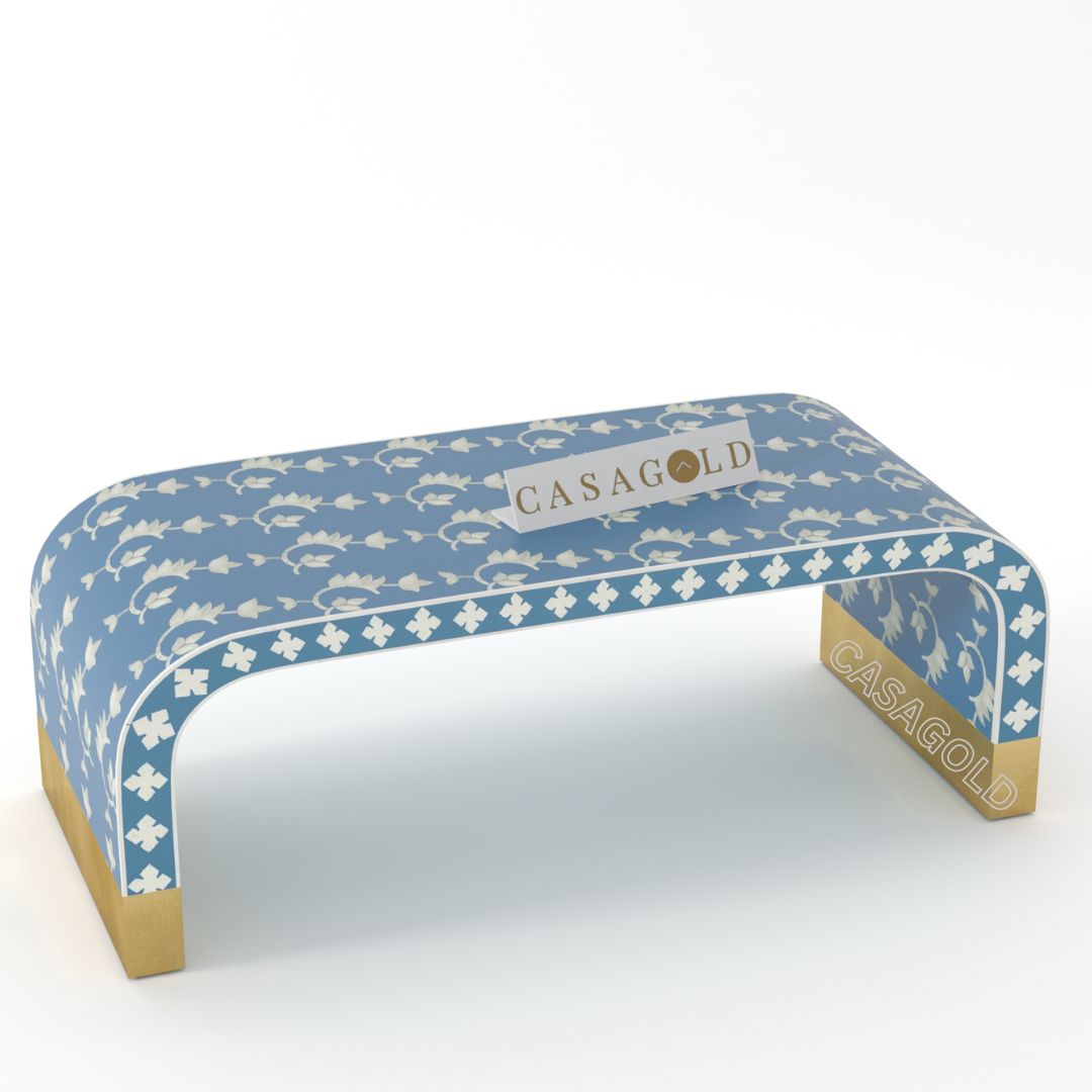 "Ethnic-style rectangular coffee table with bone inlay artwork"
