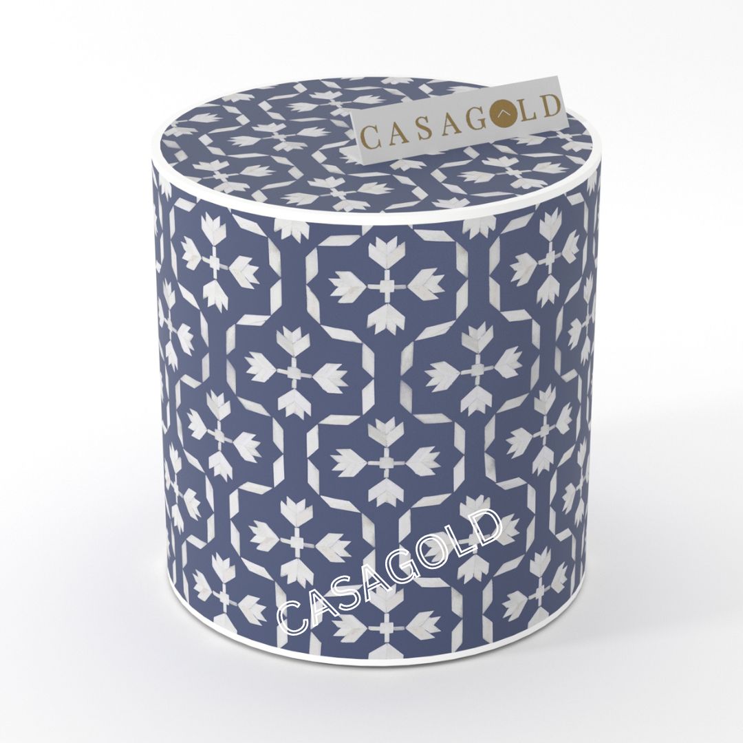 "Floral -inspired drum inlay side table with exotic patterns"