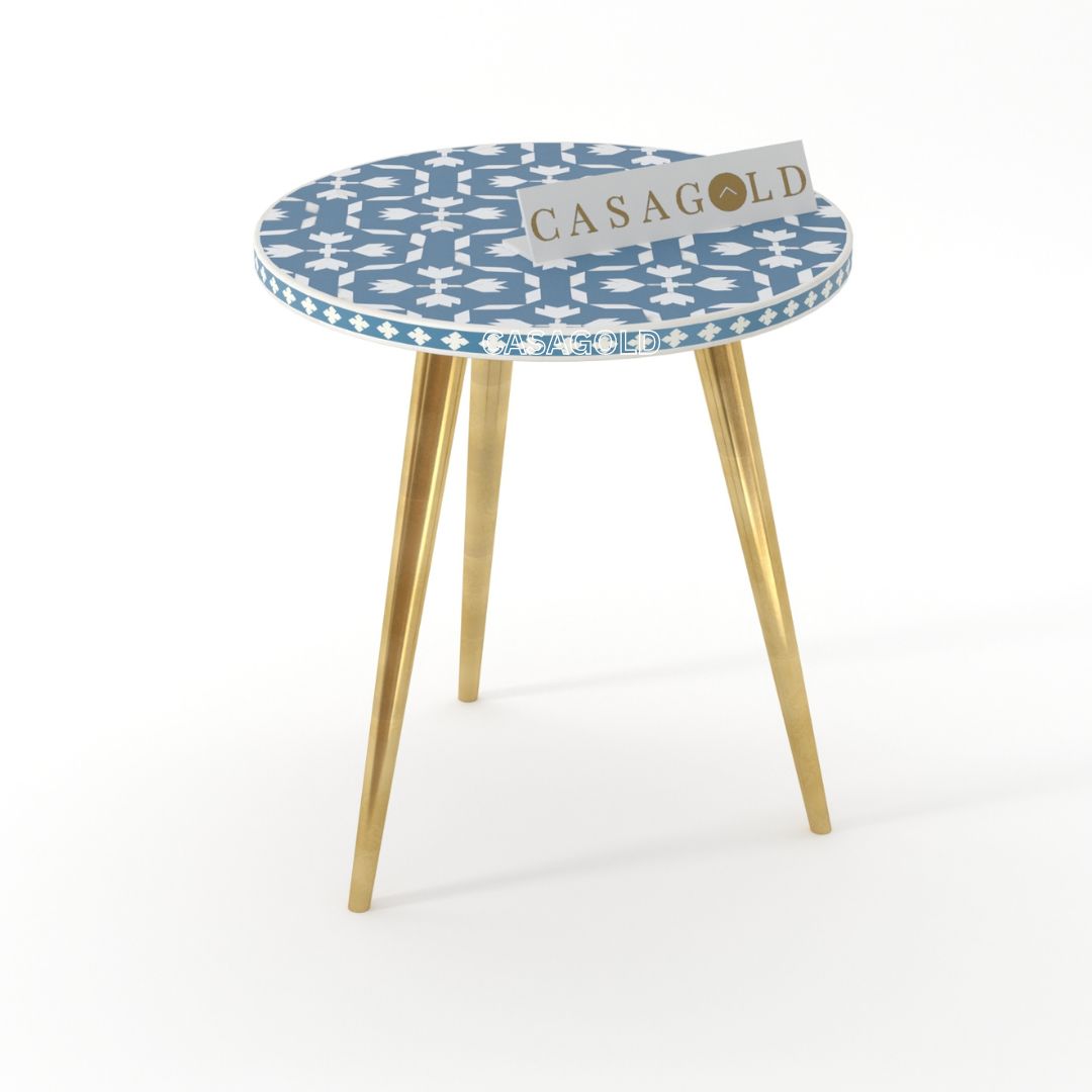 "Floral -patterned round inlay side table with three legs for modern interiors"