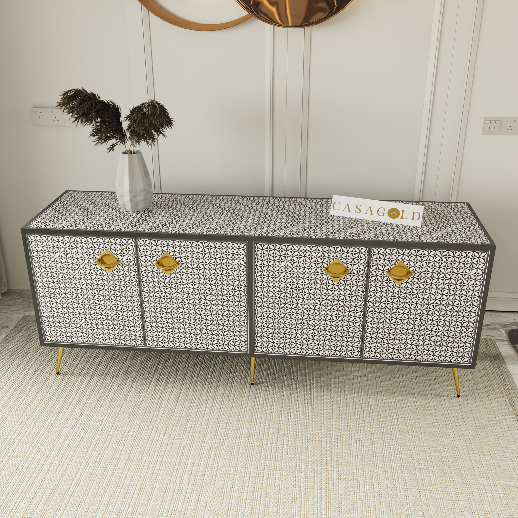 Floral Bone Inlay TV Console. shoe storage unit linen tower