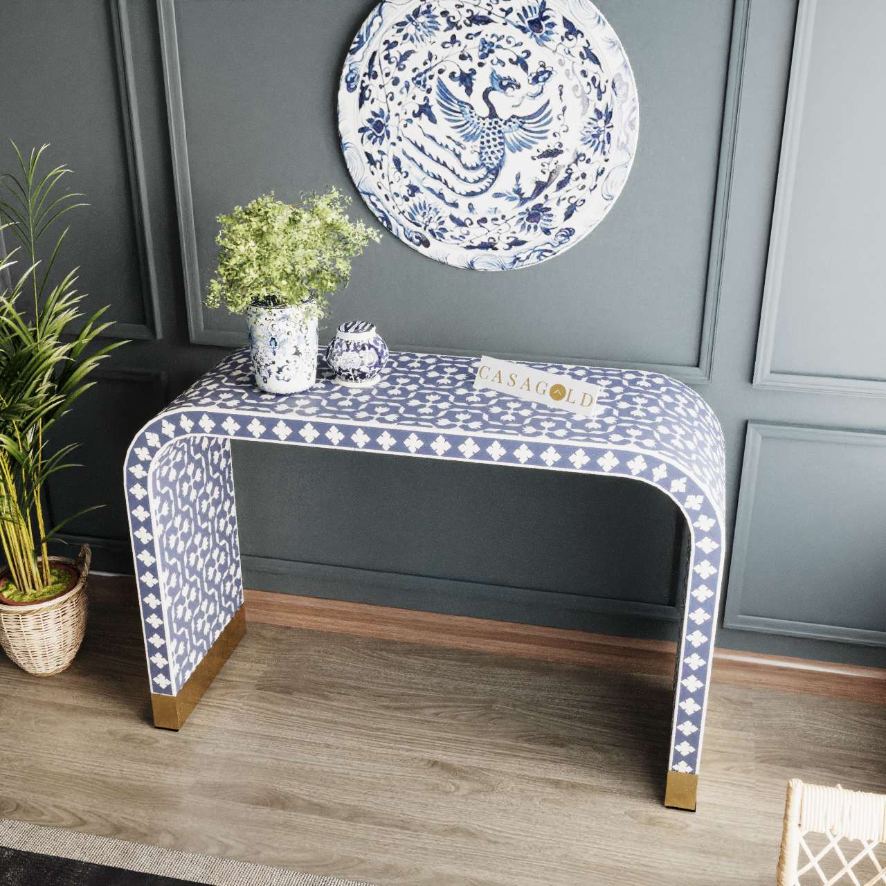 Floral Pattern Bone Inlay Console Table