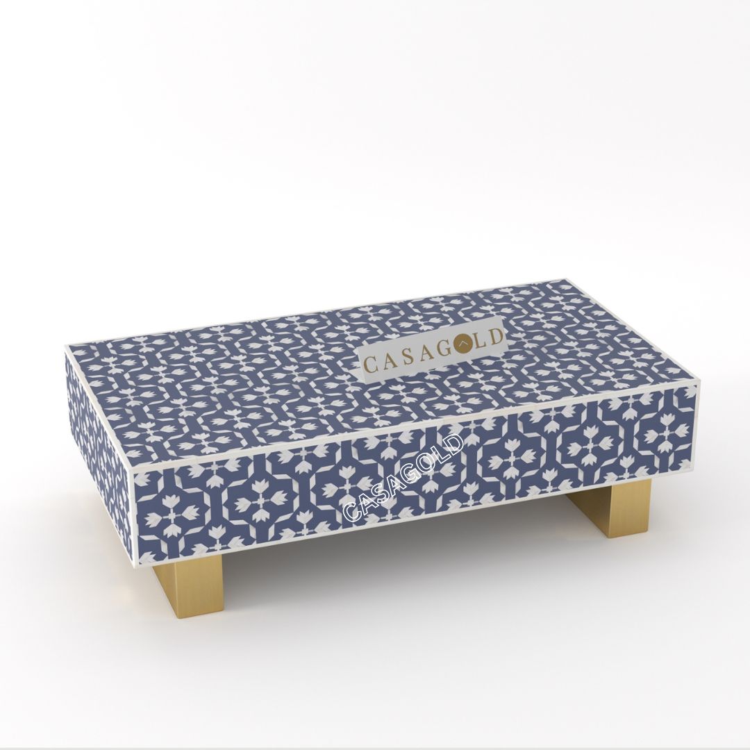"Floral bone inlay rectangular coffee table with artistic flair"