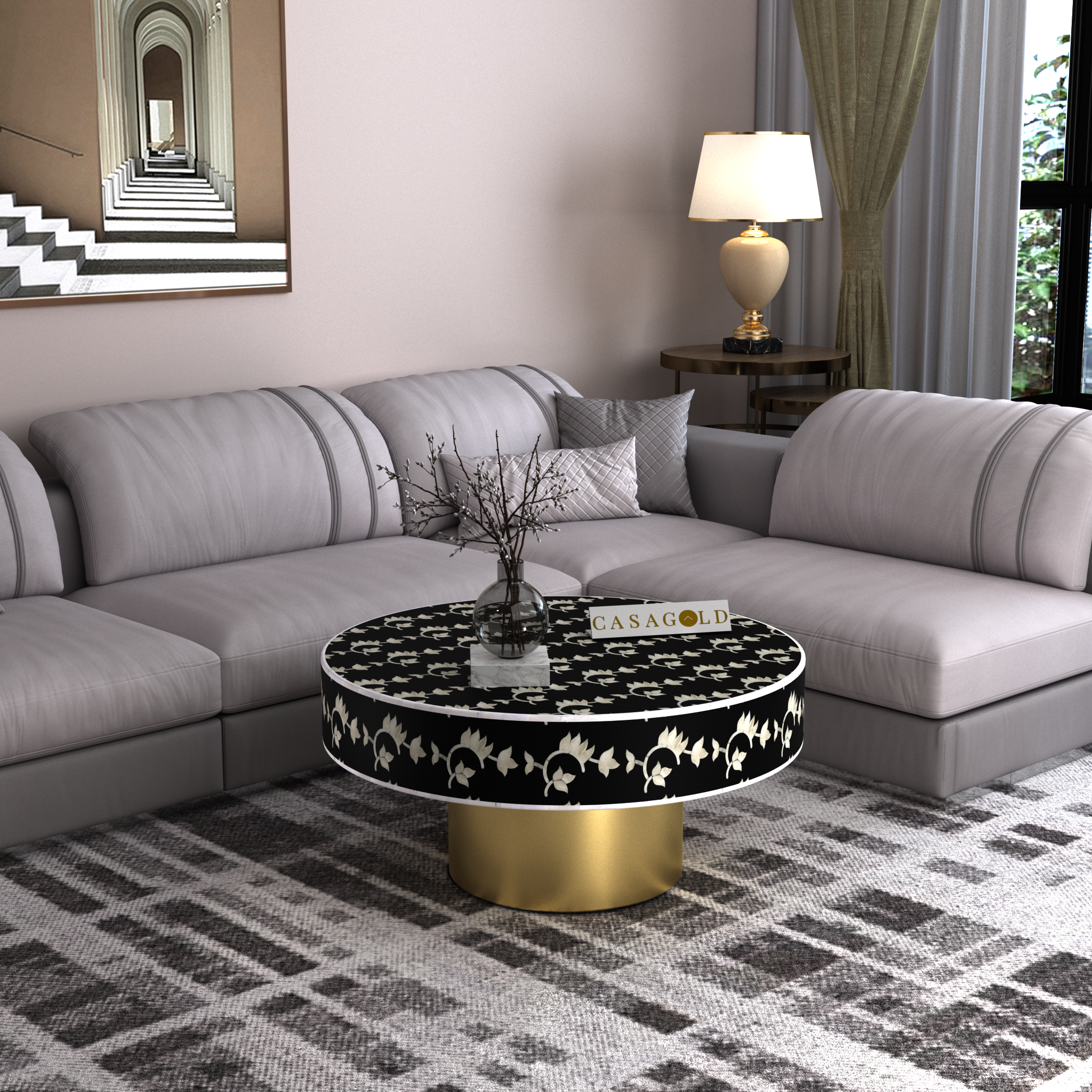 Boho round coffee table with inlay design