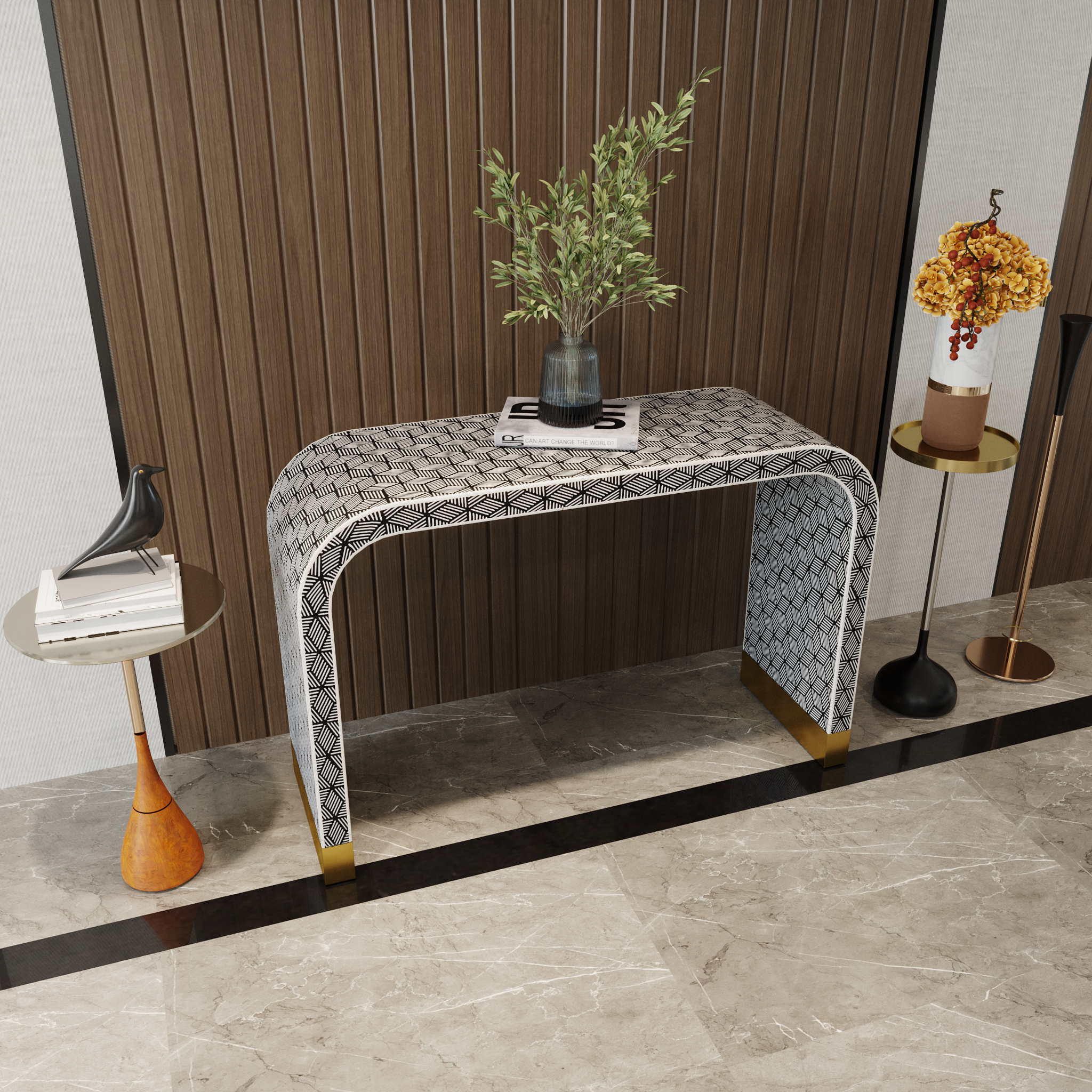GeoPattern Blck Bone Inlay Console Desk