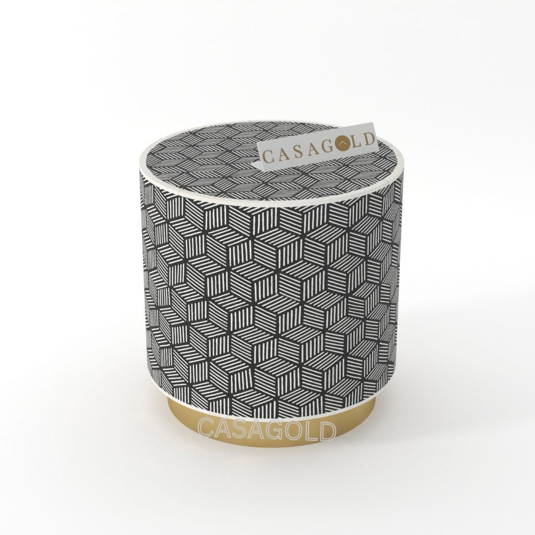 "Geo -inspired drum inlay side table with exotic patterns"