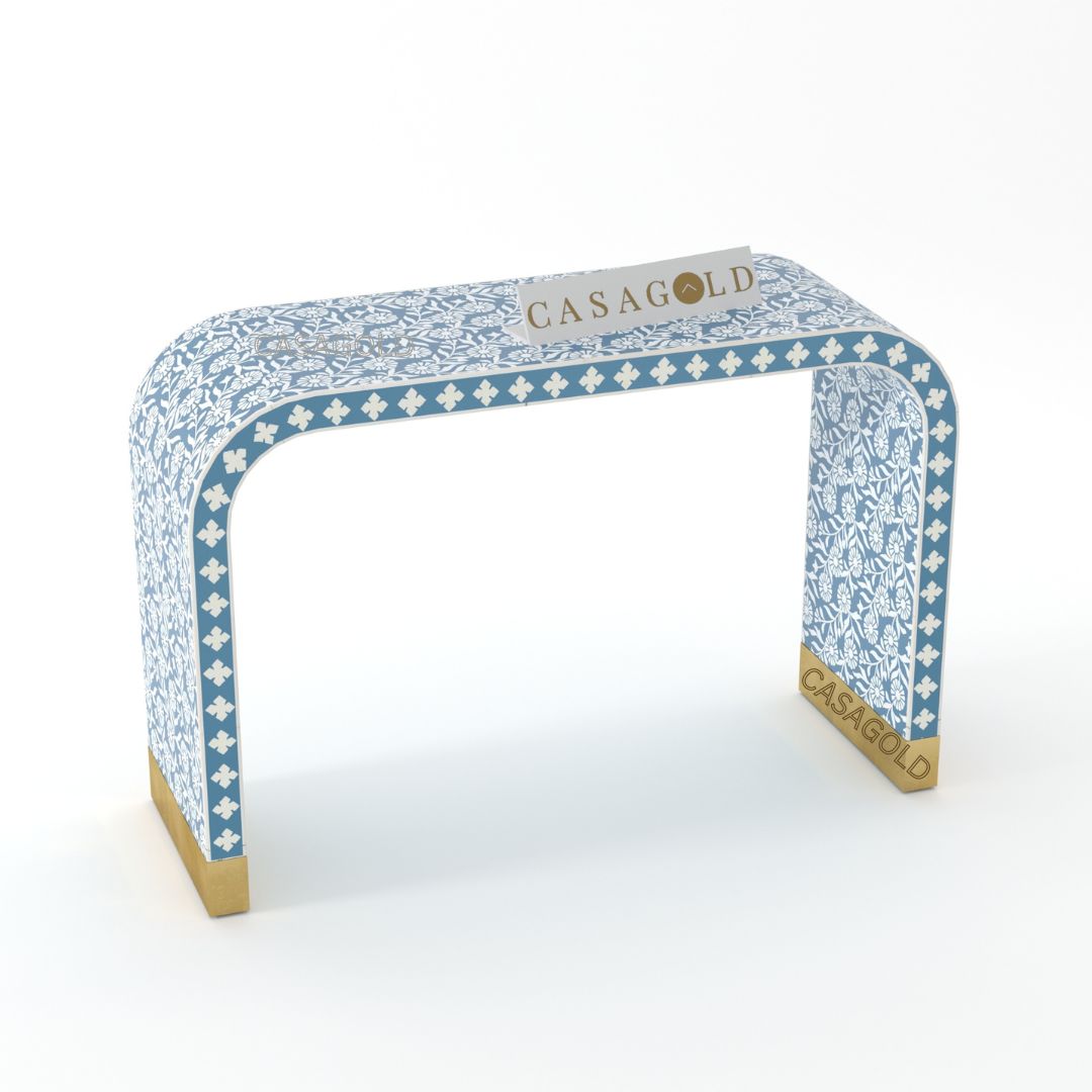 Geometric Bone Inlay Console Desk in Teal